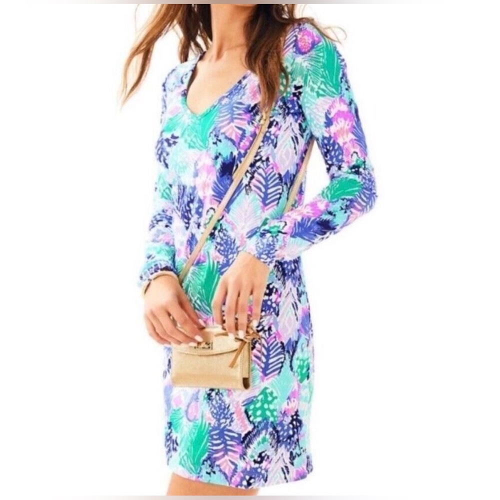 Lilly Pulitzer Beacon Dress Long Sleeve V-Neck Print Blue Pink Size M